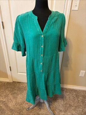 Button-Front Teal Tiered Gauze Dress